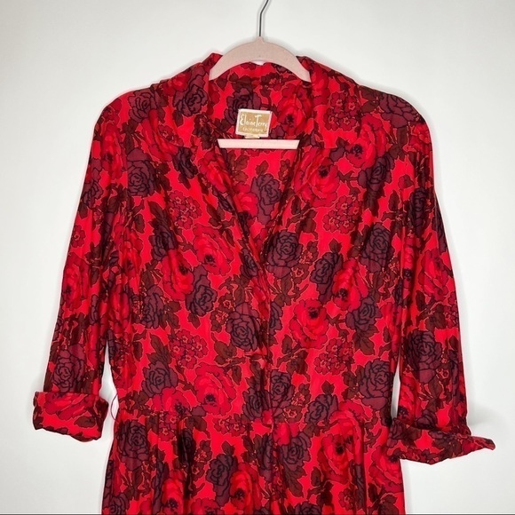 Vintage Floral Midi Dress Red Button Front 60s Sheath Elaine Terry Size Medium - Picture 2 of 13